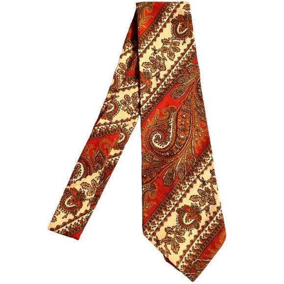 Vintage 60s 70s Paisley Floral Diagonal Stripe Wide Neck Tie Red Cream Orange - Picture 1 of 6